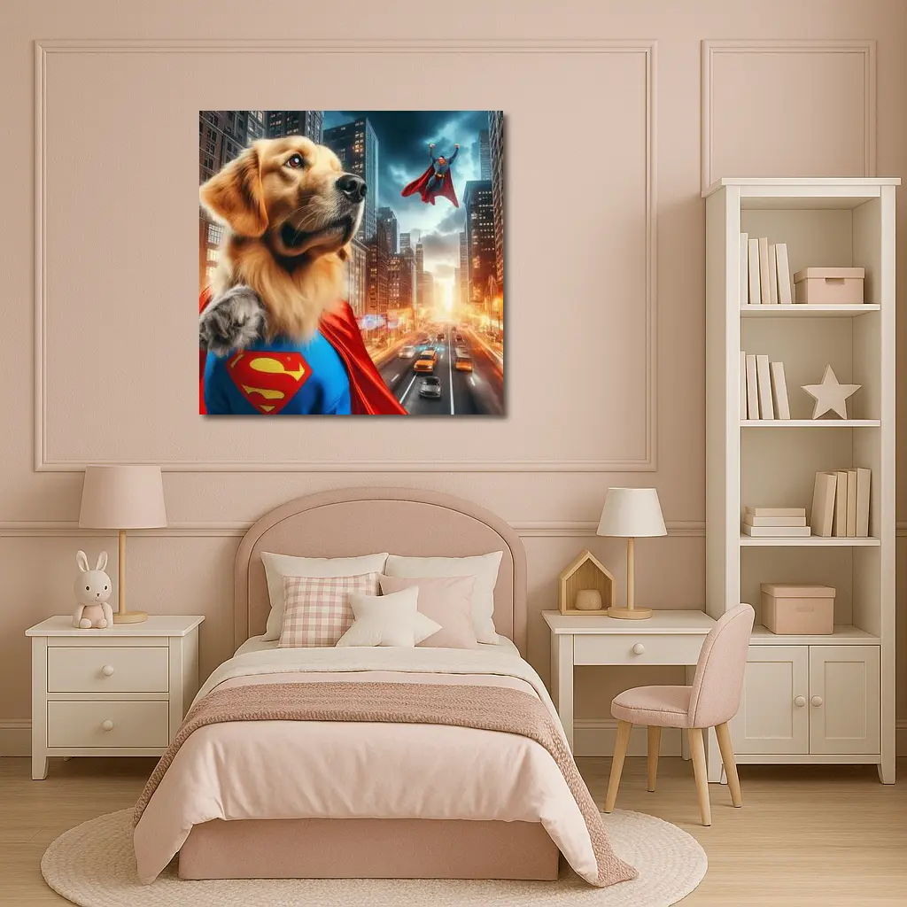 Golden Retriever Superman Cape City Street – Wall Art