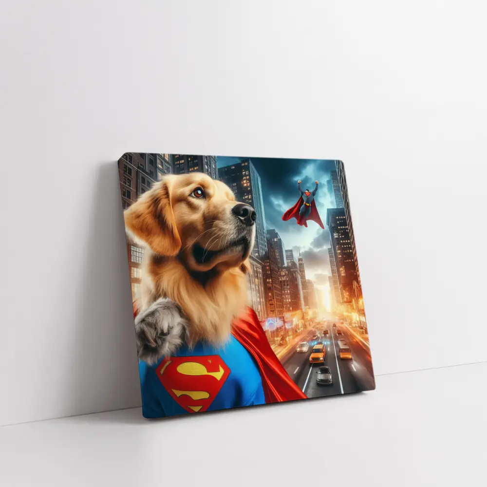 Golden Retriever Superman Cape City Street – Wall Art