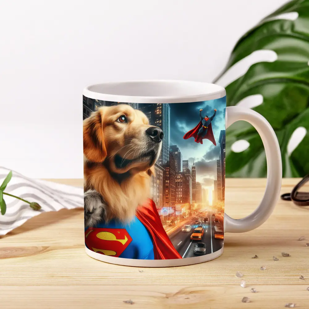 Golden Retriever Superman Cape City Street – Mugs