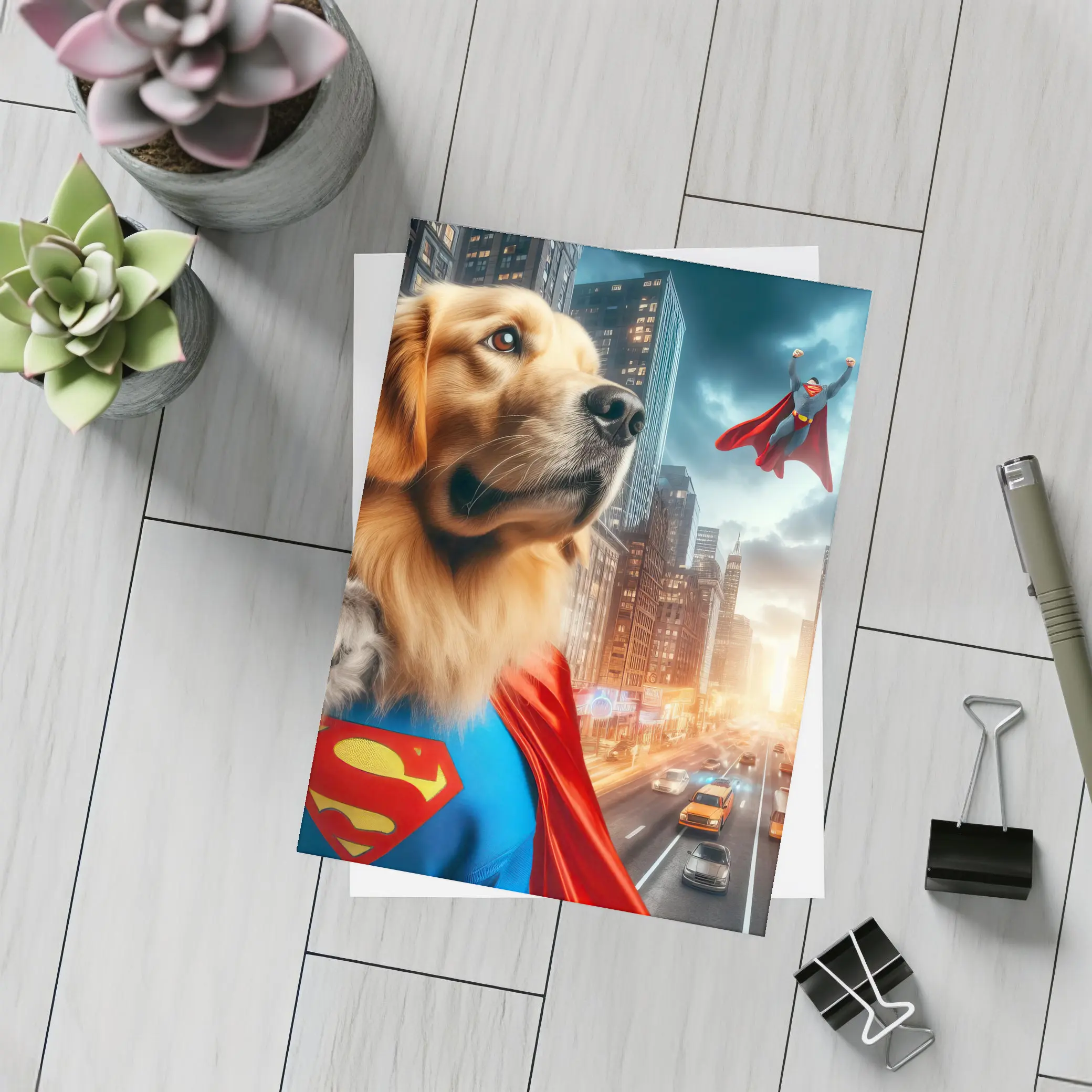 Golden Retriever Superman Cape City Street – Postcards