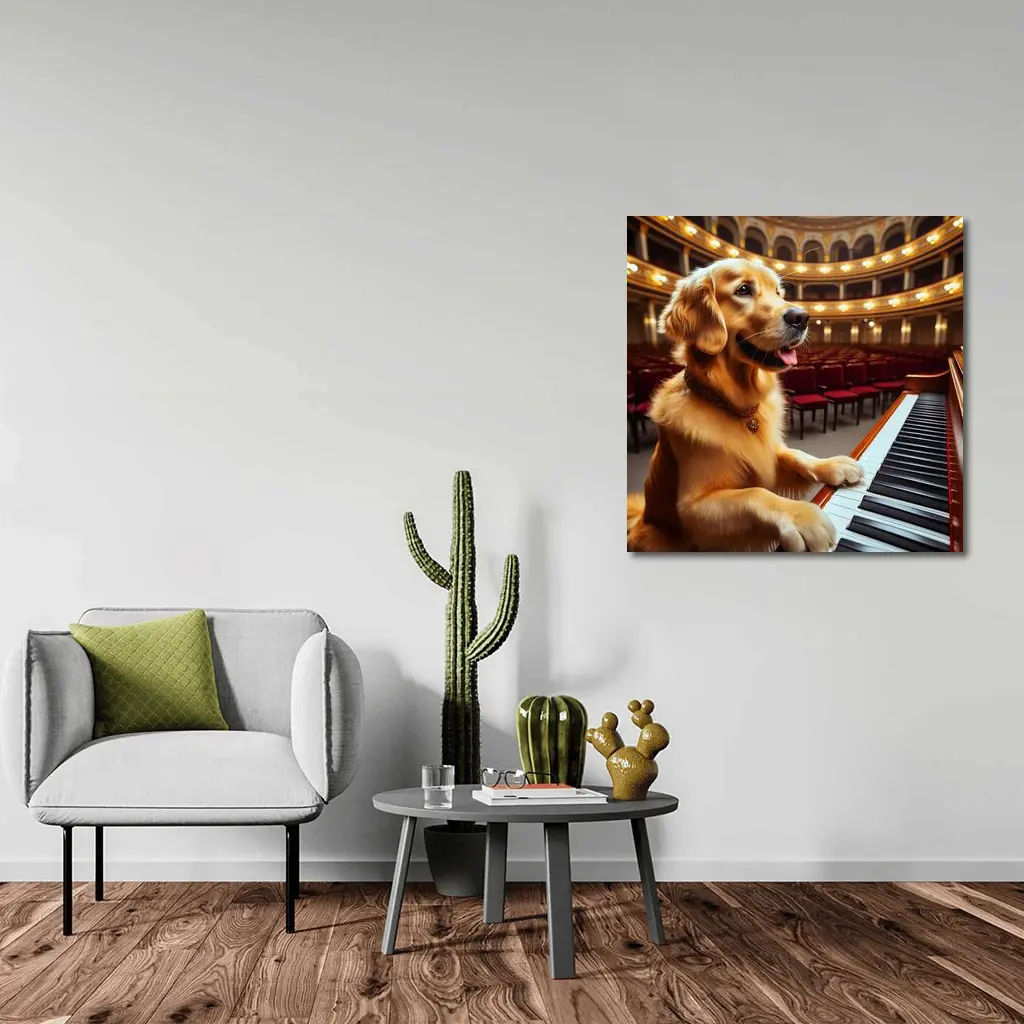Golden Retriever Playing Piano Concert Hall – Wall Art