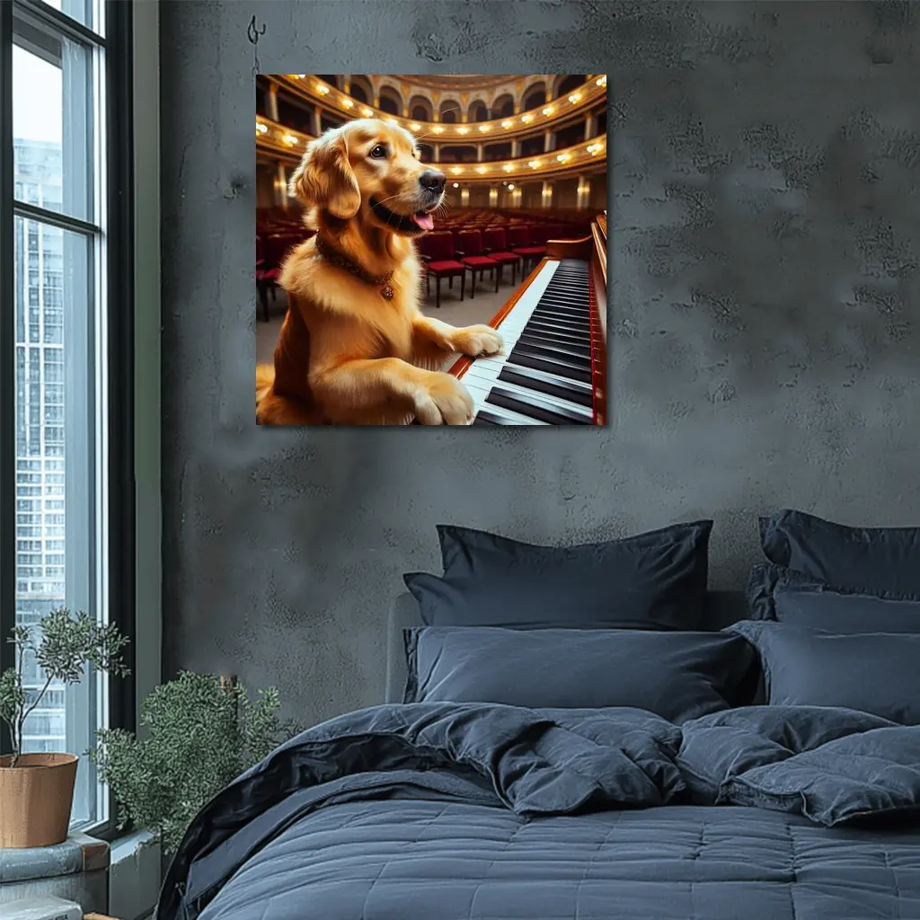 Golden Retriever Playing Piano Concert Hall – Wall Art