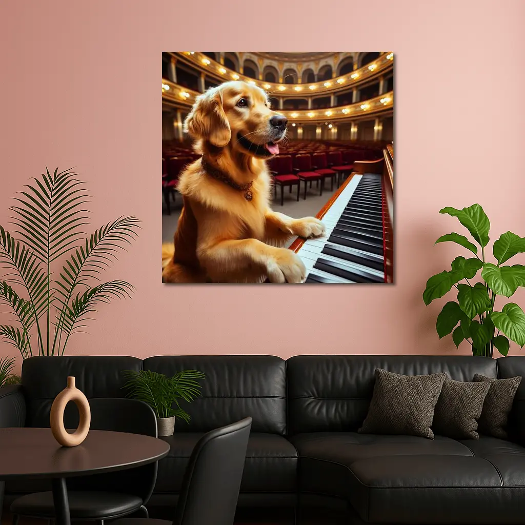Golden Retriever Playing Piano Concert Hall – Wall Art