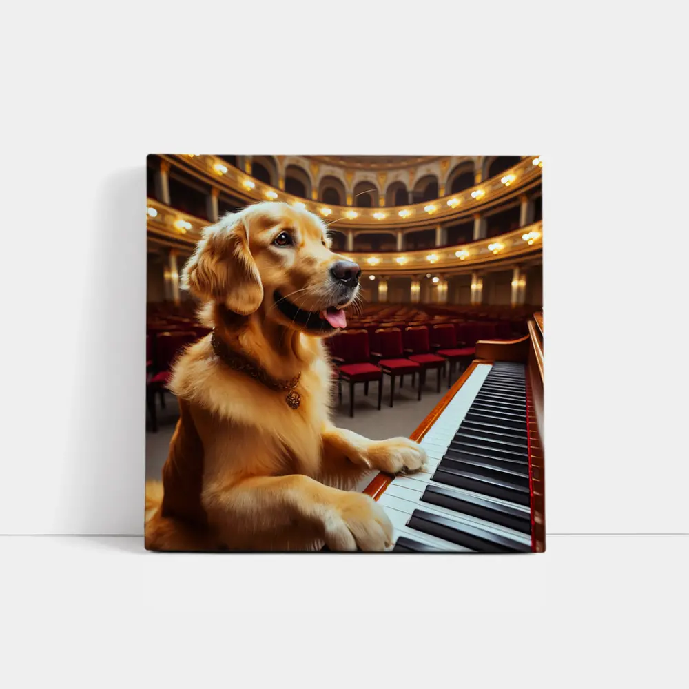 Golden Retriever Playing Piano Concert Hall – Wall Art