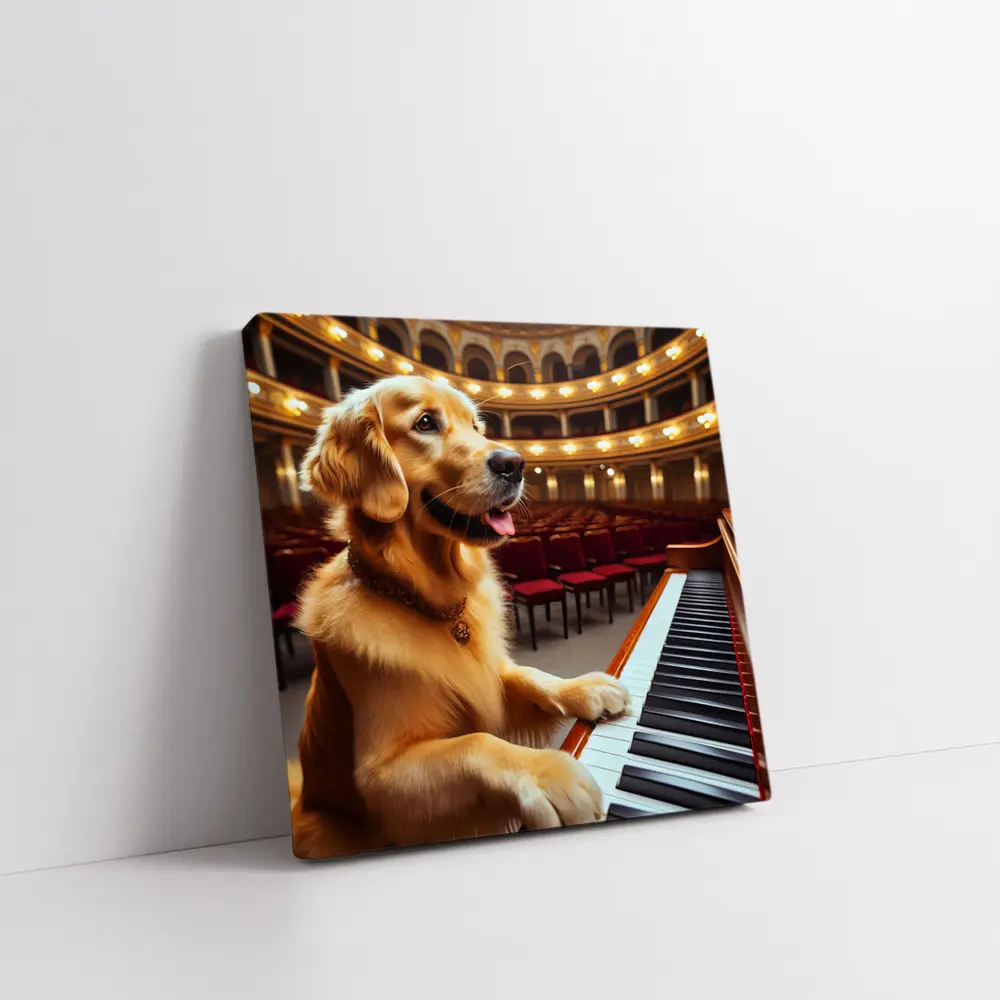 Golden Retriever Playing Piano Concert Hall – Wall Art