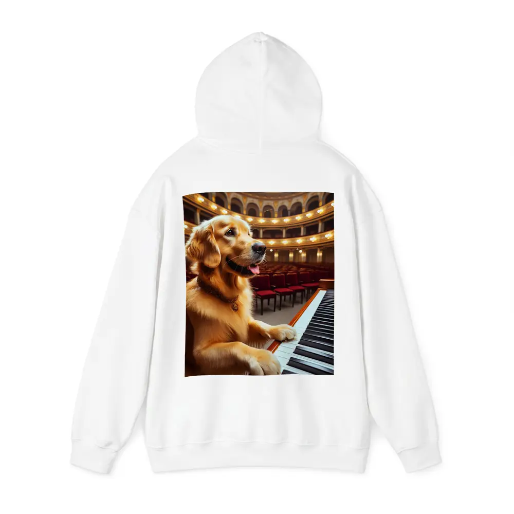 Golden Retriever Playing Piano Concert Hall – Hoodies