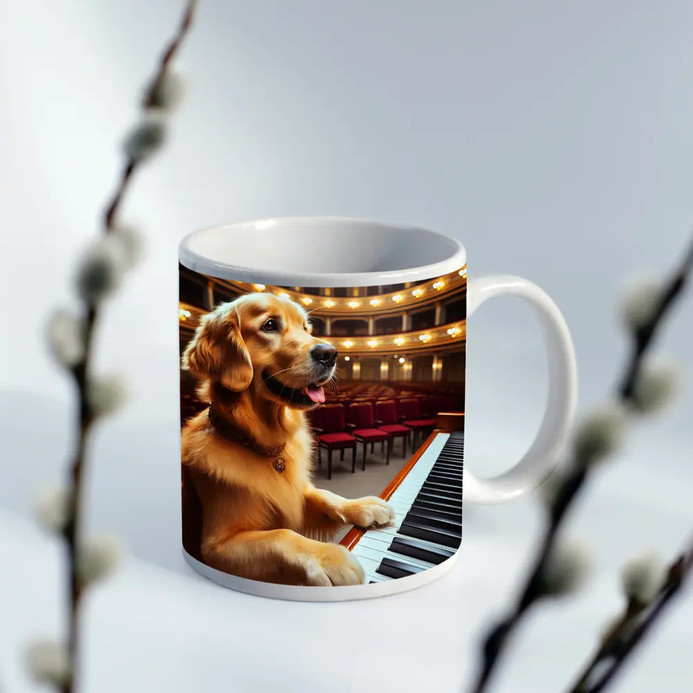 Golden Retriever Playing Piano Concert Hall – Mugs