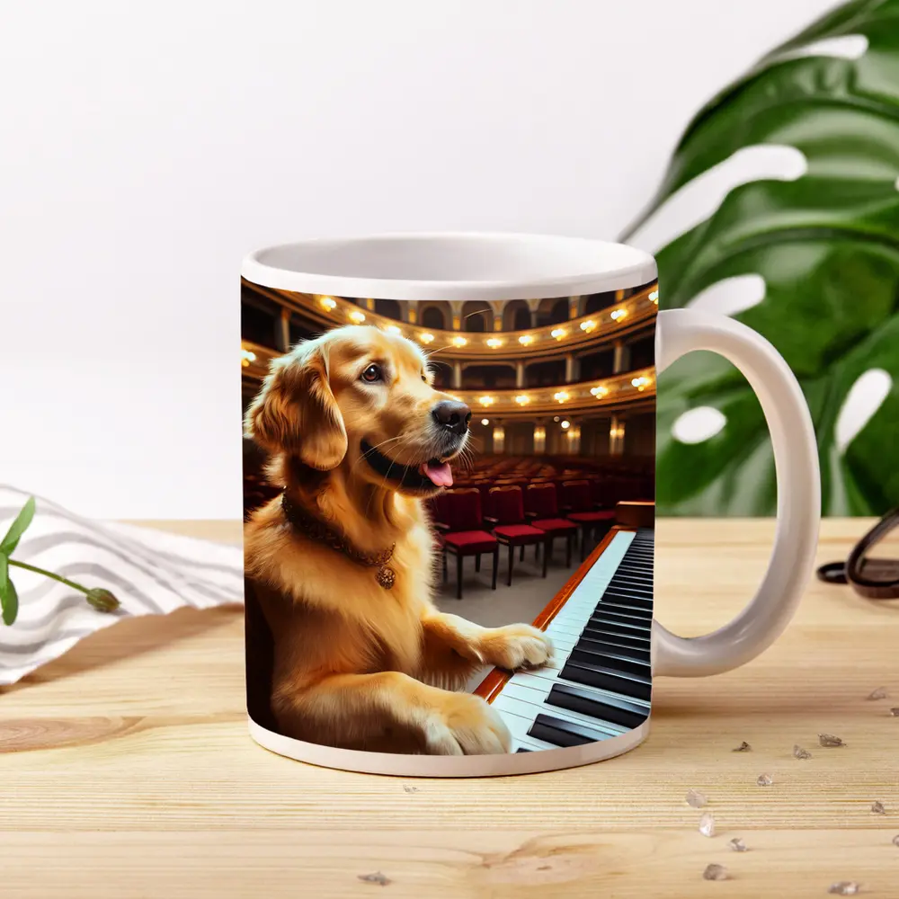 Golden Retriever Playing Piano Concert Hall – Mugs