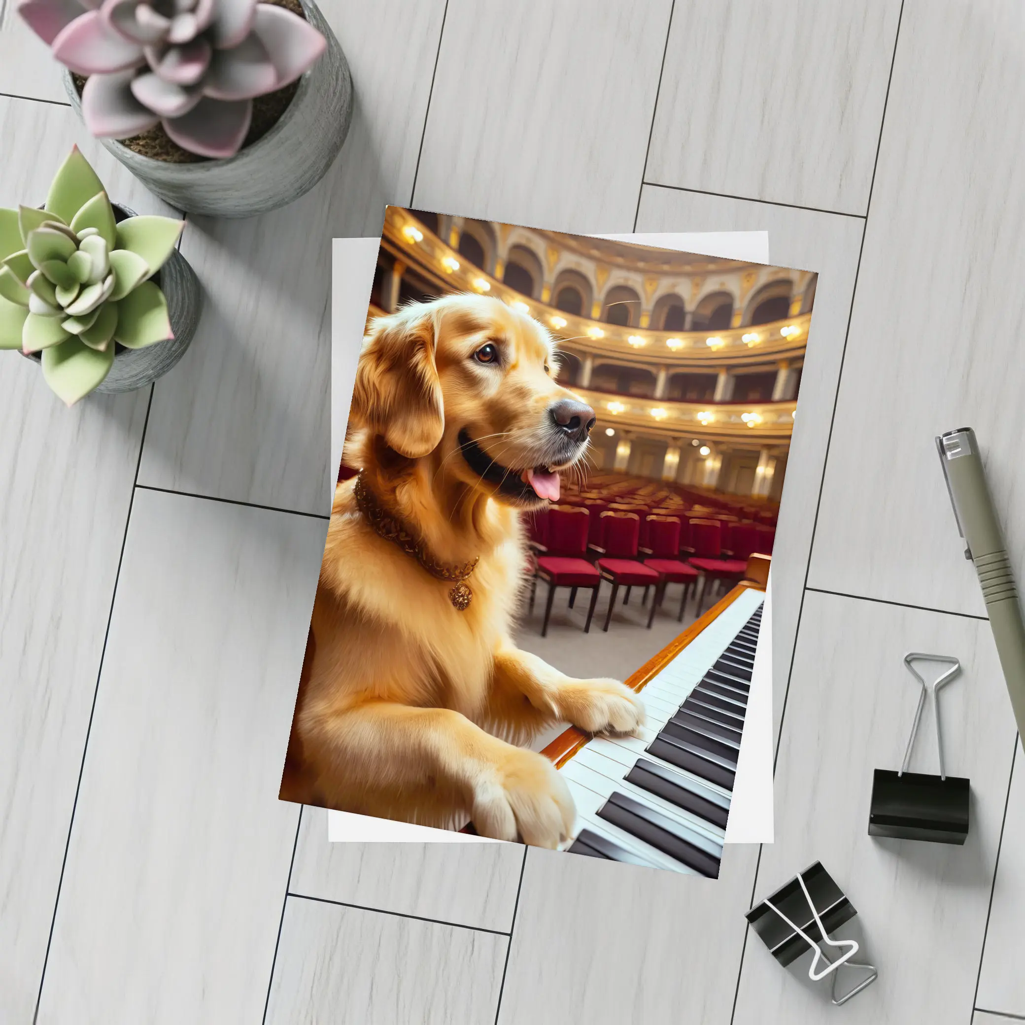 Golden Retriever Playing Piano Concert Hall – Postcards
