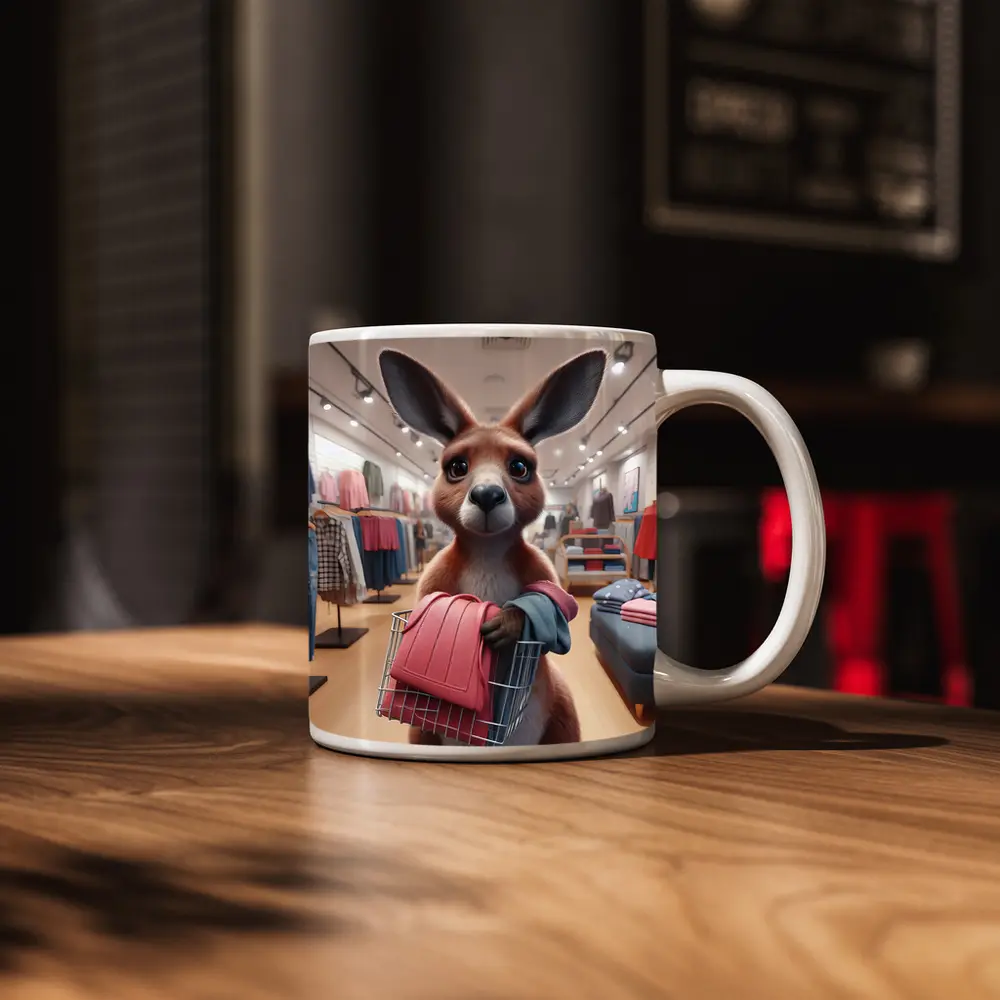 Kangaroo Shopping In Clothing Store – Mugs