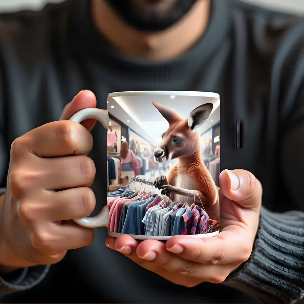 Kangaroo Shopping For Clothes In Mall – Mugs