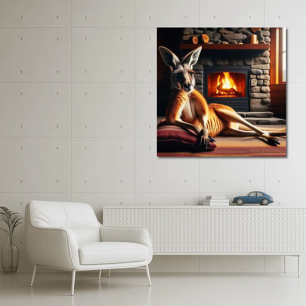 Kangaroo Relaxing By Cozy Stone Fireplace – Wall Art