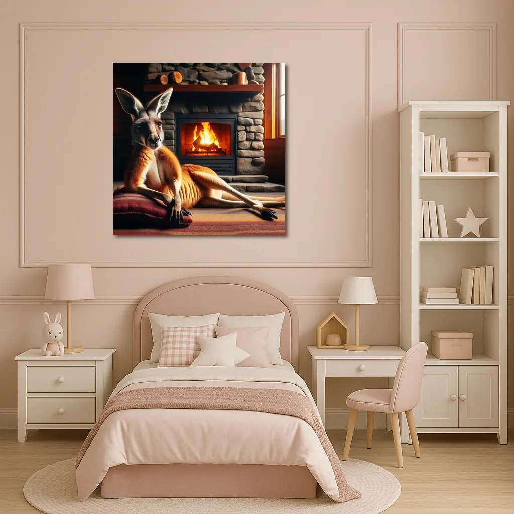 Kangaroo Relaxing By Cozy Stone Fireplace – Wall Art