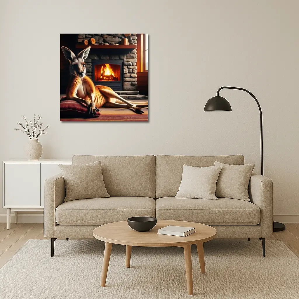 Kangaroo Relaxing By Cozy Stone Fireplace – Wall Art