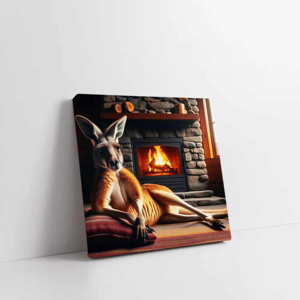Kangaroo Relaxing By Cozy Stone Fireplace – Wall Art