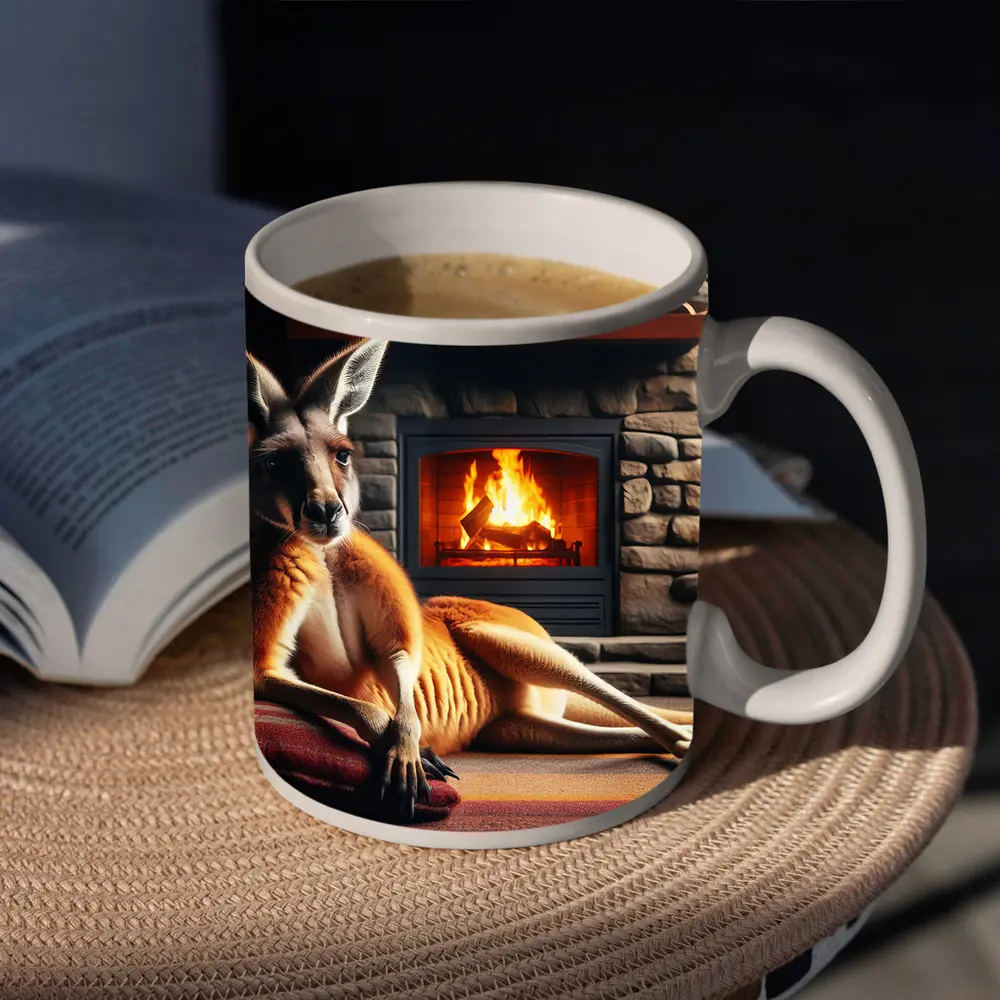 Kangaroo Relaxing By Cozy Stone Fireplace – Mugs