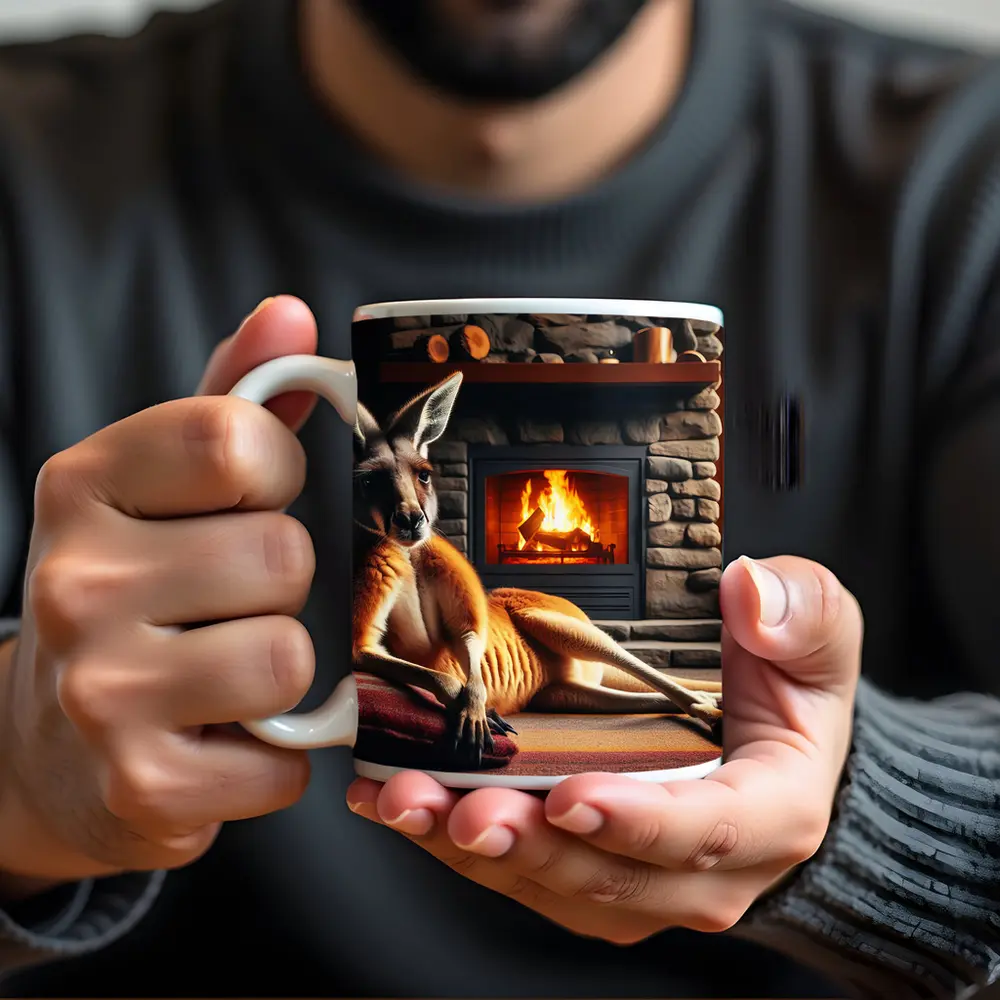Kangaroo Relaxing By Cozy Stone Fireplace – Mugs