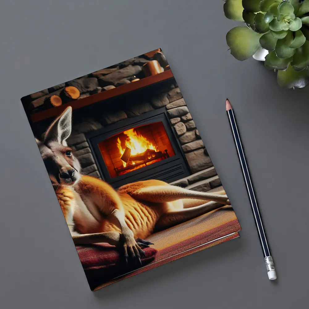 Kangaroo Relaxing By Cozy Stone Fireplace – Notebooks