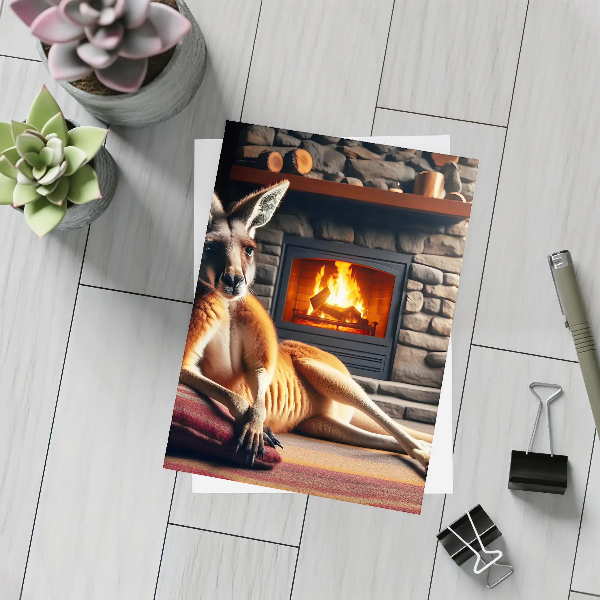 Kangaroo Relaxing By Cozy Stone Fireplace – Postcards