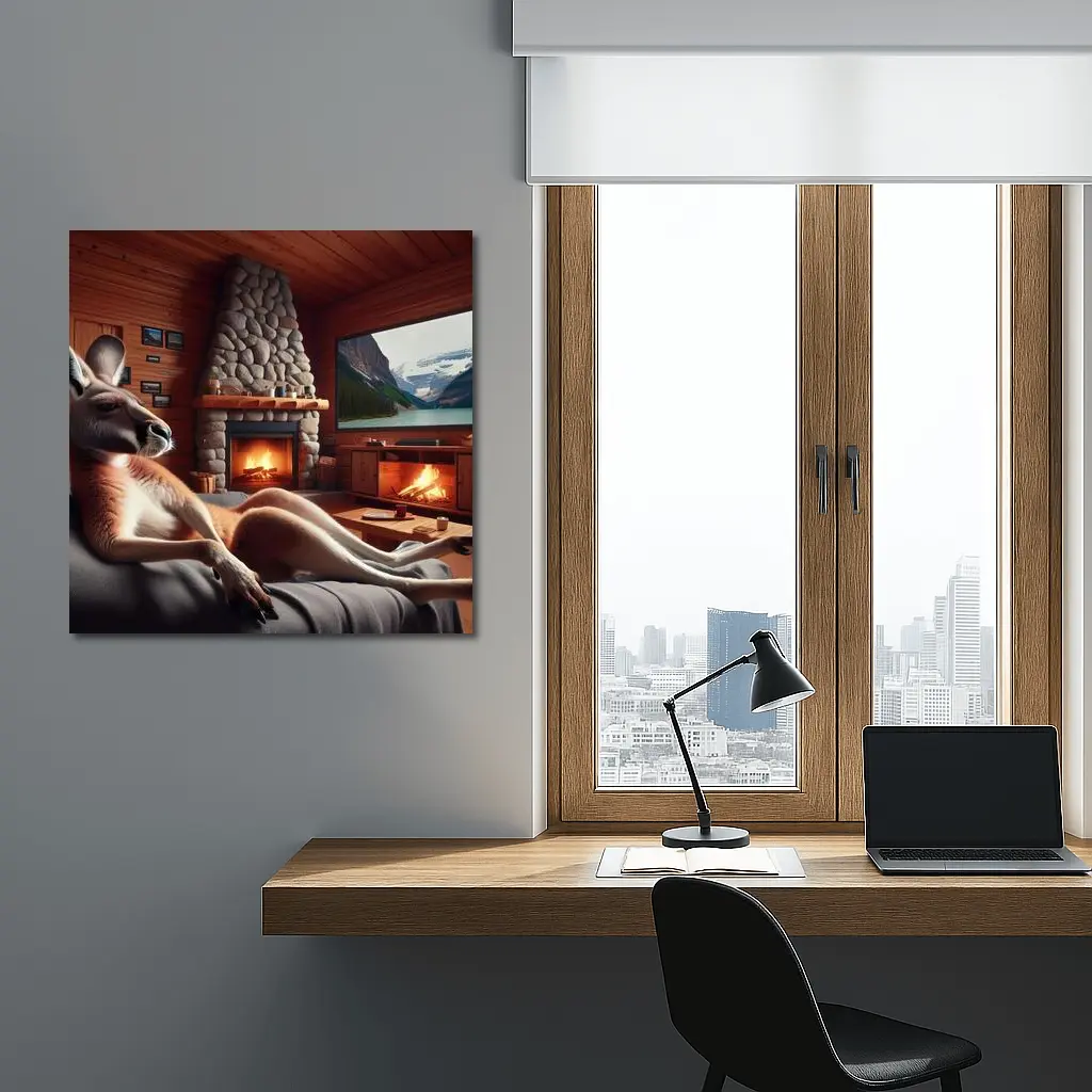 Kangaroo Relaxing In Cozy Cabin Fireplace – Wall Art