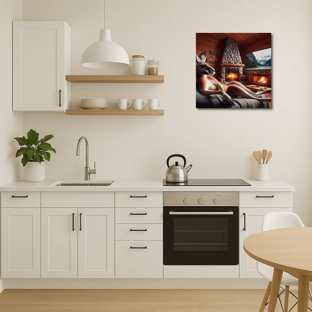 Kangaroo Relaxing In Cozy Cabin Fireplace – Wall Art
