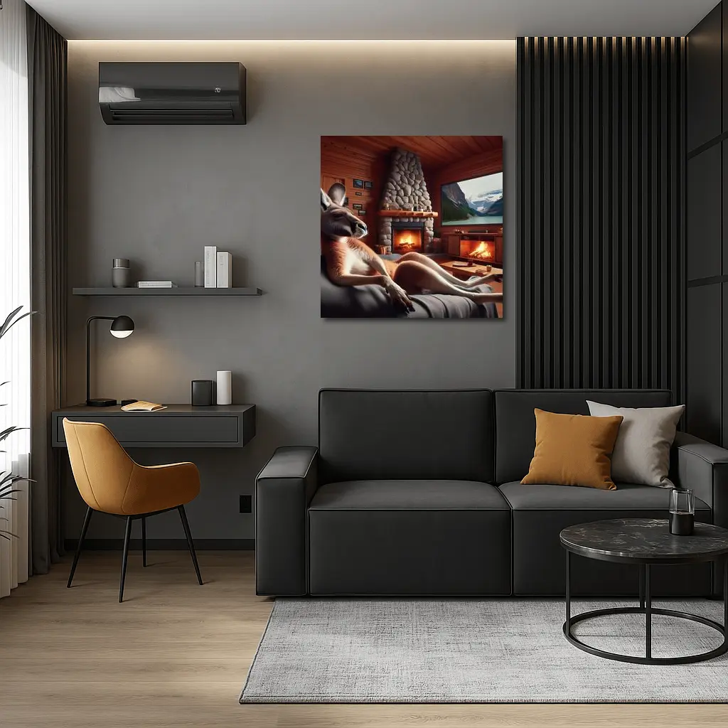 Kangaroo Relaxing In Cozy Cabin Fireplace – Wall Art