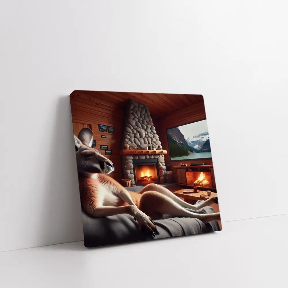 Kangaroo Relaxing In Cozy Cabin Fireplace – Wall Art