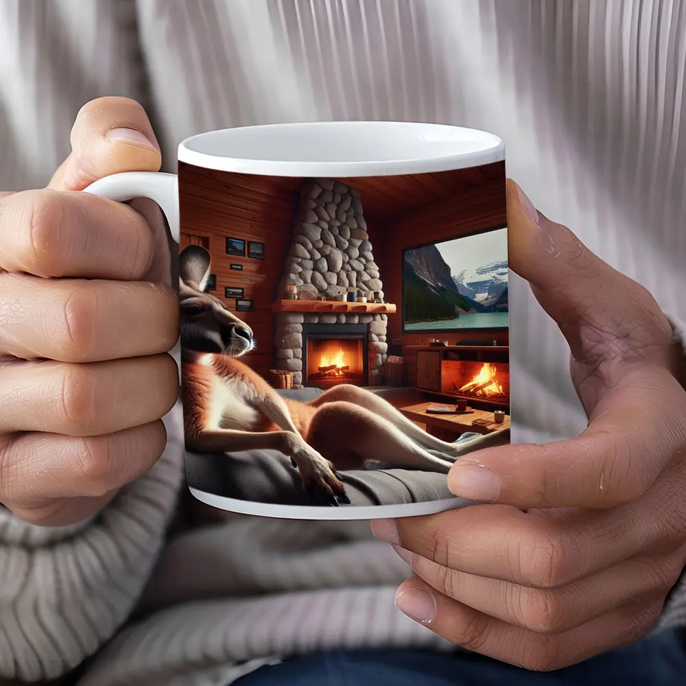 Kangaroo Relaxing In Cozy Cabin Fireplace – Mugs