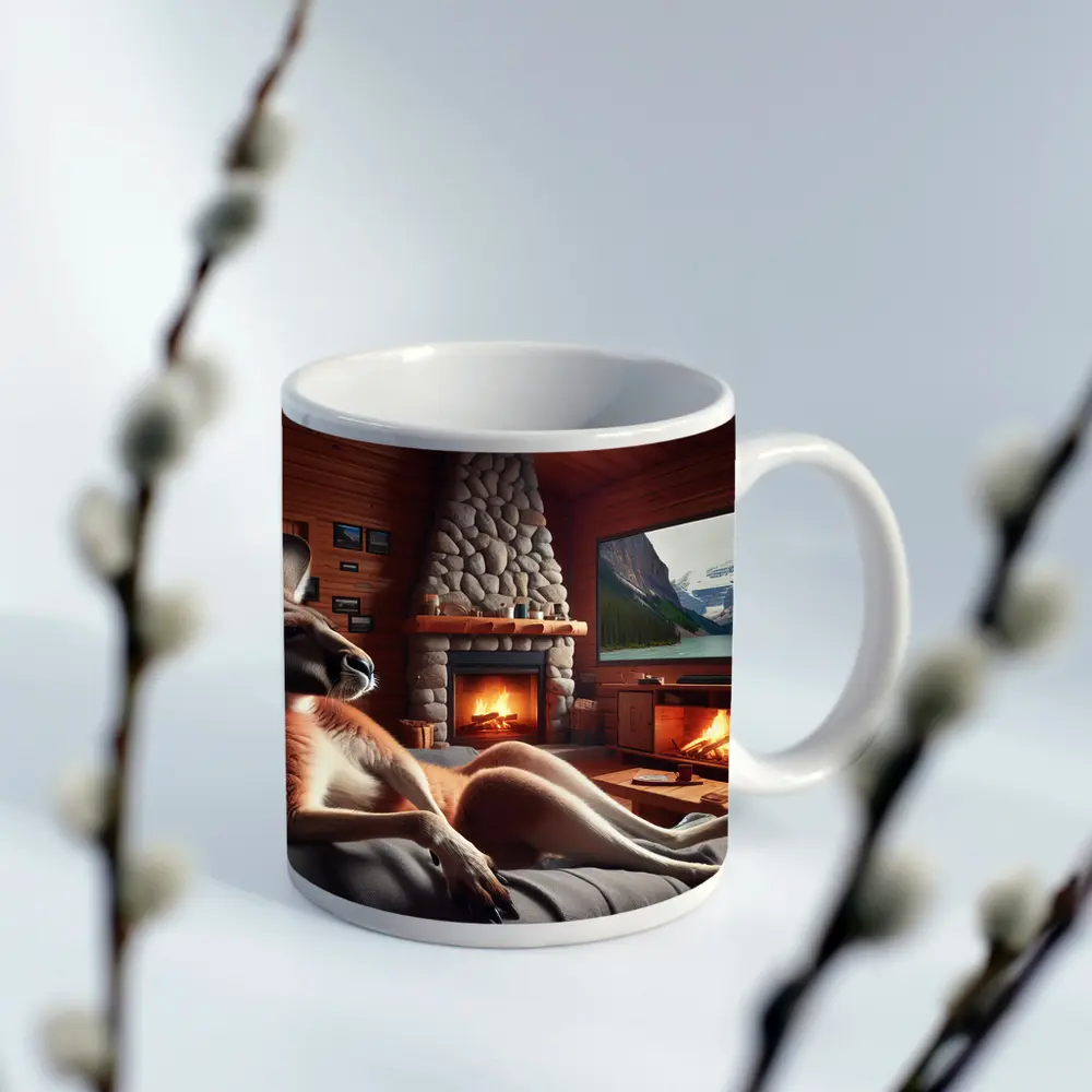 Kangaroo Relaxing In Cozy Cabin Fireplace – Mugs
