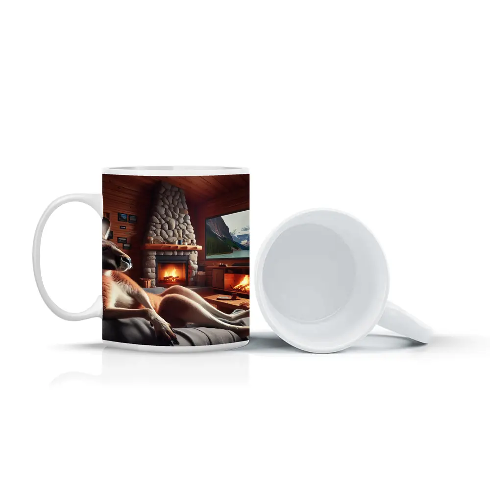 Kangaroo Relaxing In Cozy Cabin Fireplace – Mugs