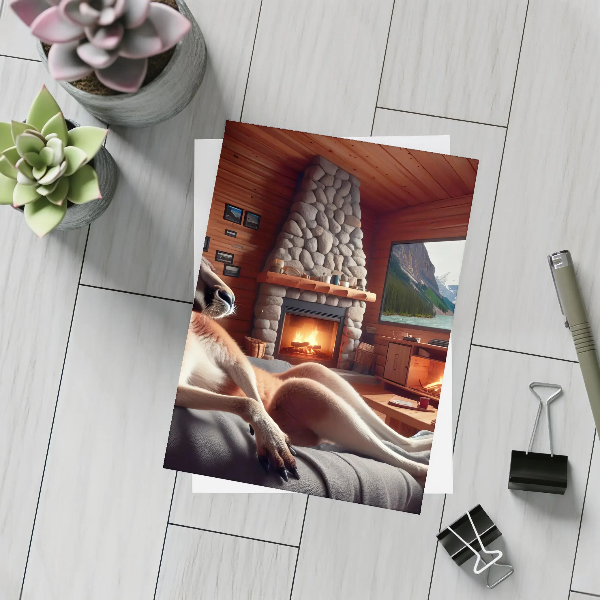 Kangaroo Relaxing In Cozy Cabin Fireplace – Postcards