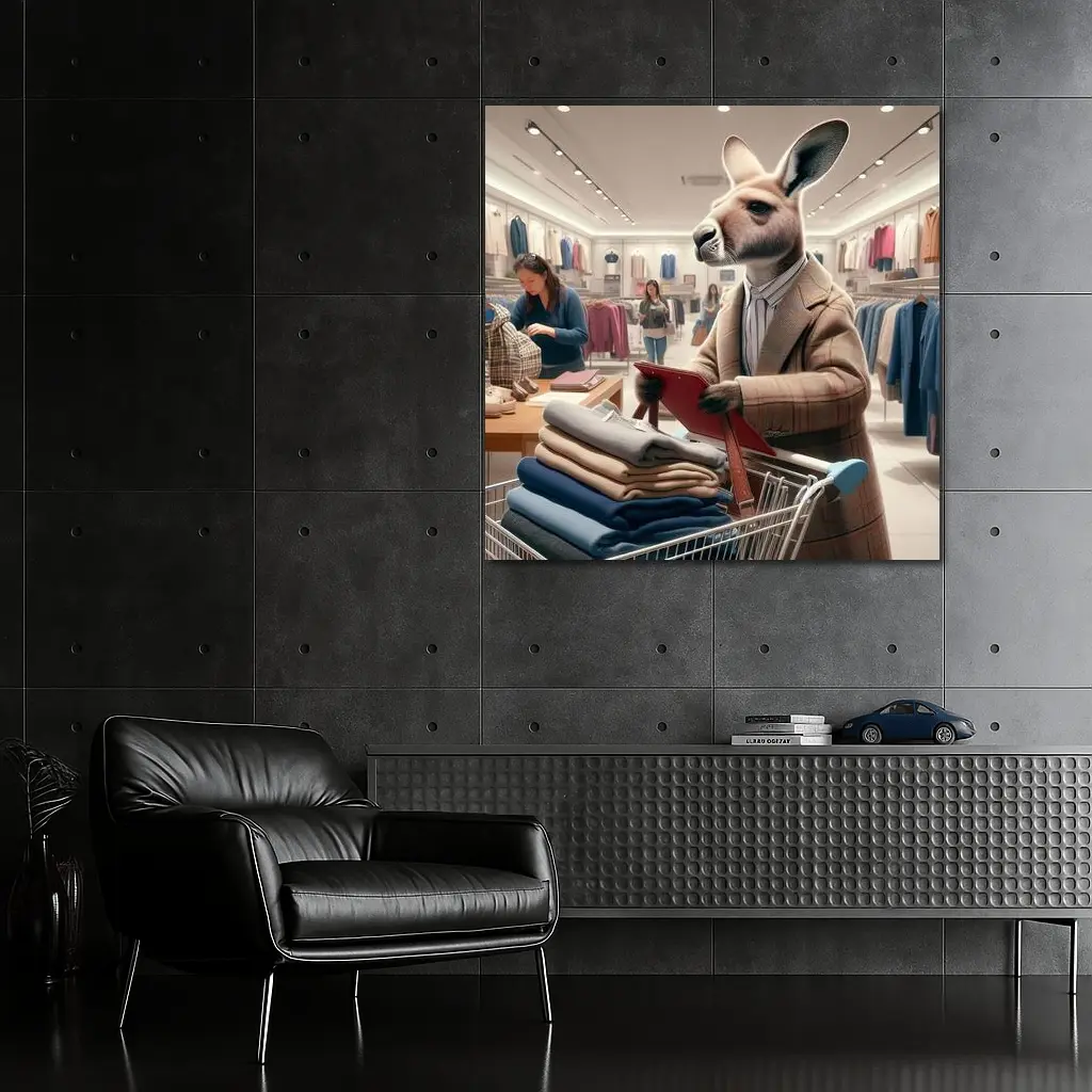Kangaroo Shopping in Clothing Store – Wall Art