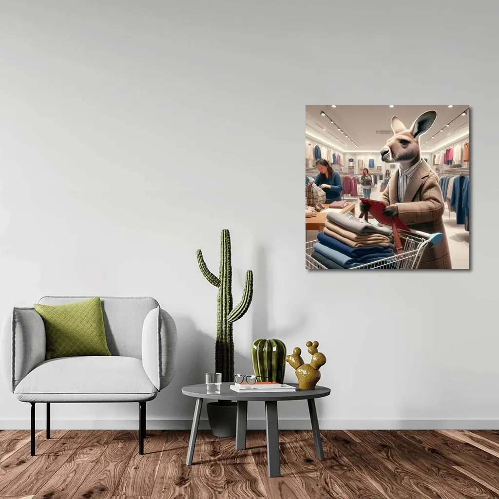 Kangaroo Shopping in Clothing Store – Wall Art