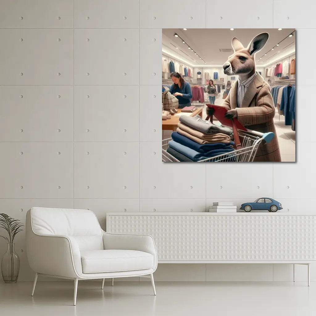 Kangaroo Shopping in Clothing Store – Wall Art