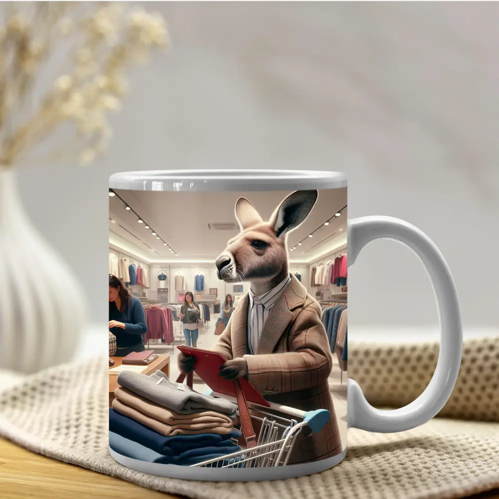Kangaroo Shopping in Clothing Store – Mugs