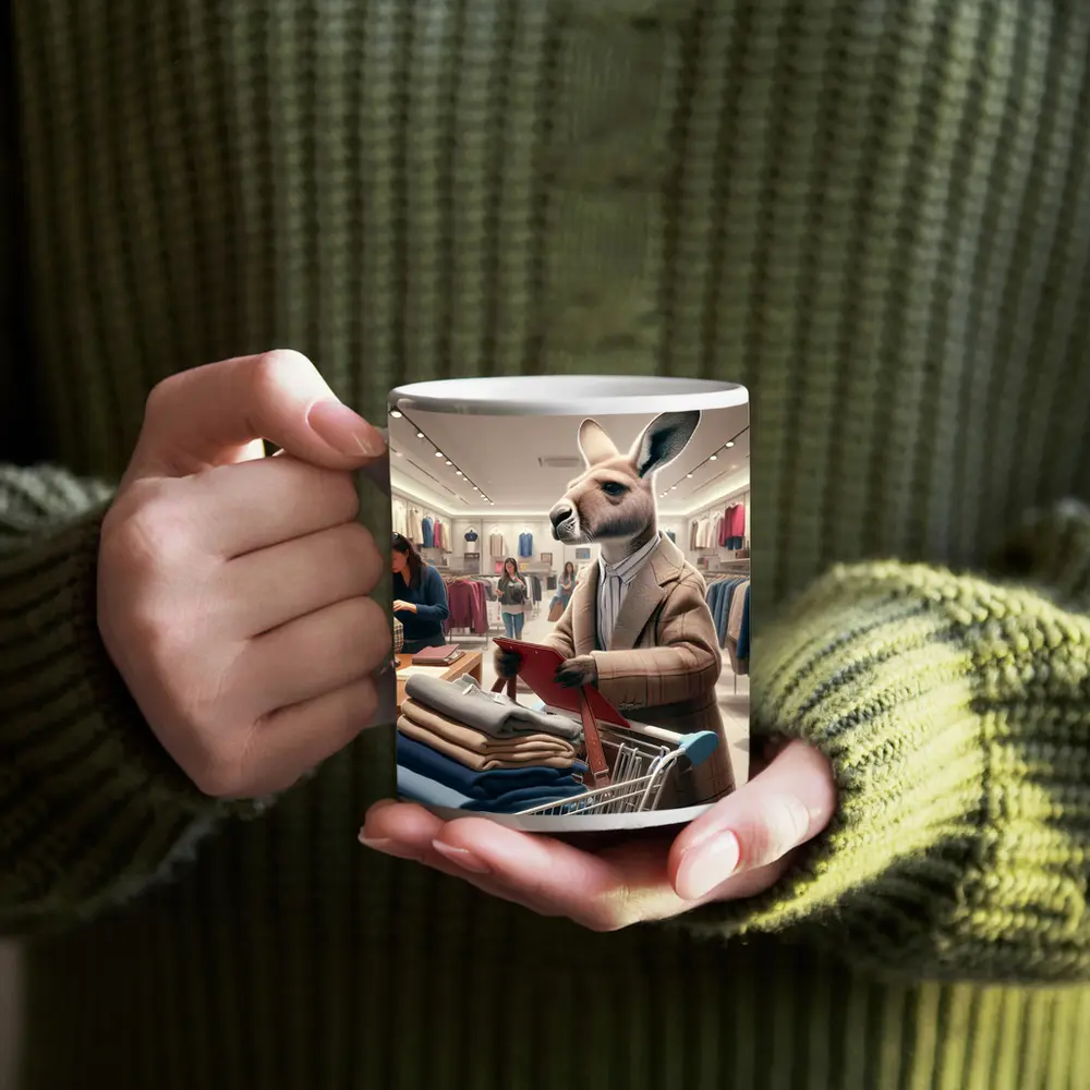 Kangaroo Shopping in Clothing Store – Mugs