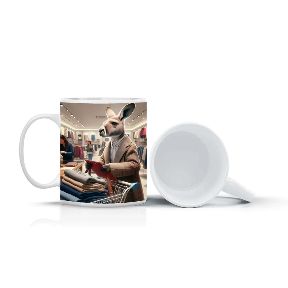 Kangaroo Shopping in Clothing Store – Mugs