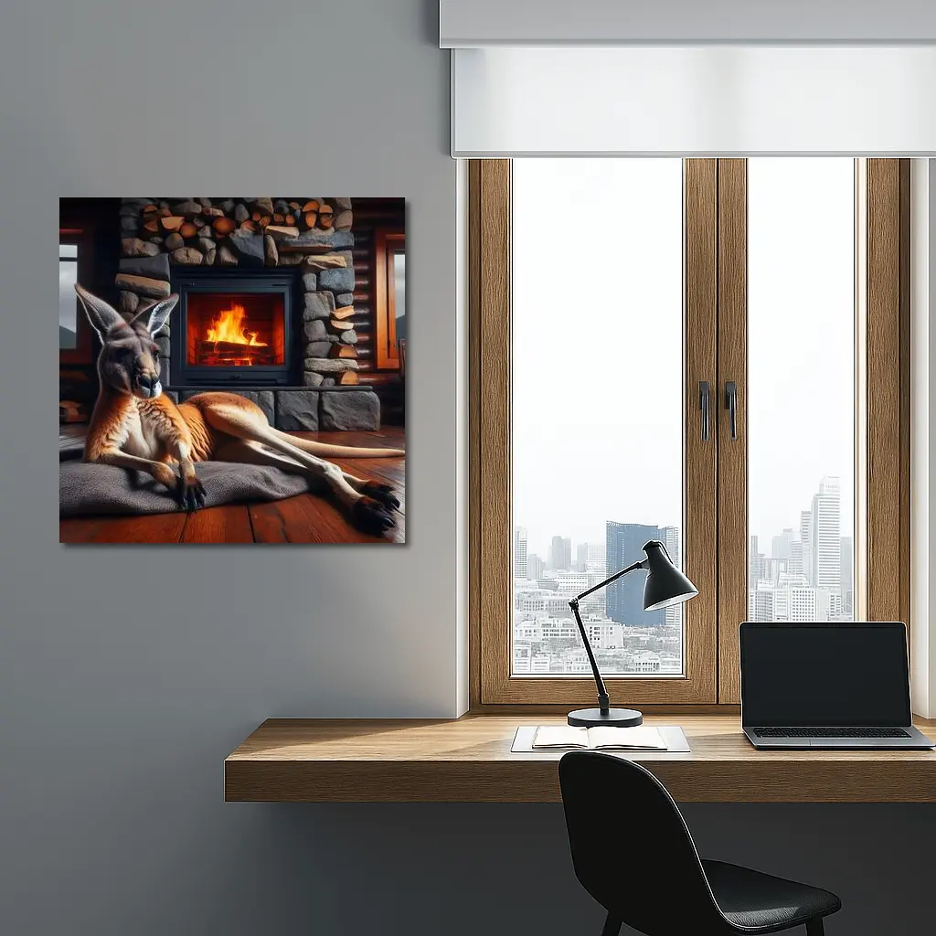 Kangaroo Relaxing By Stone Fireplace Cabin – Wall Art