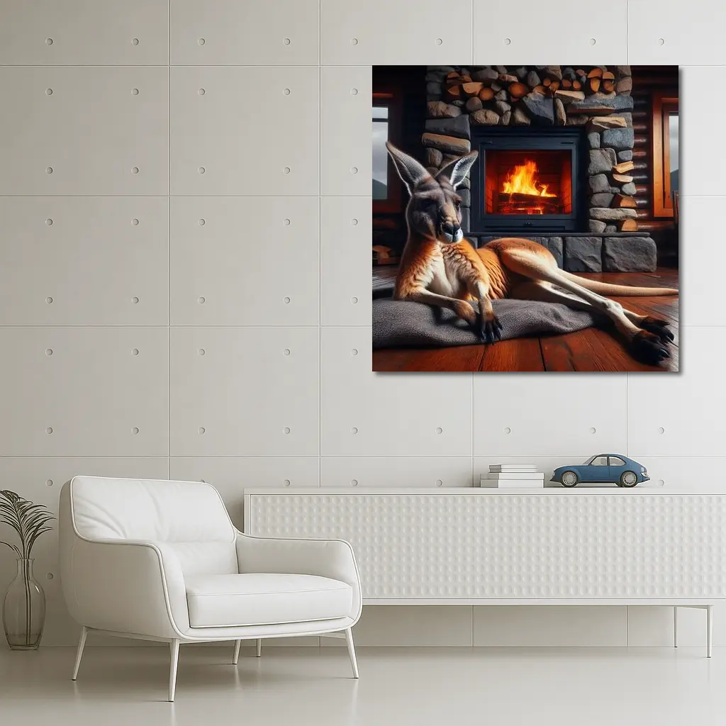Kangaroo Relaxing By Stone Fireplace Cabin – Wall Art