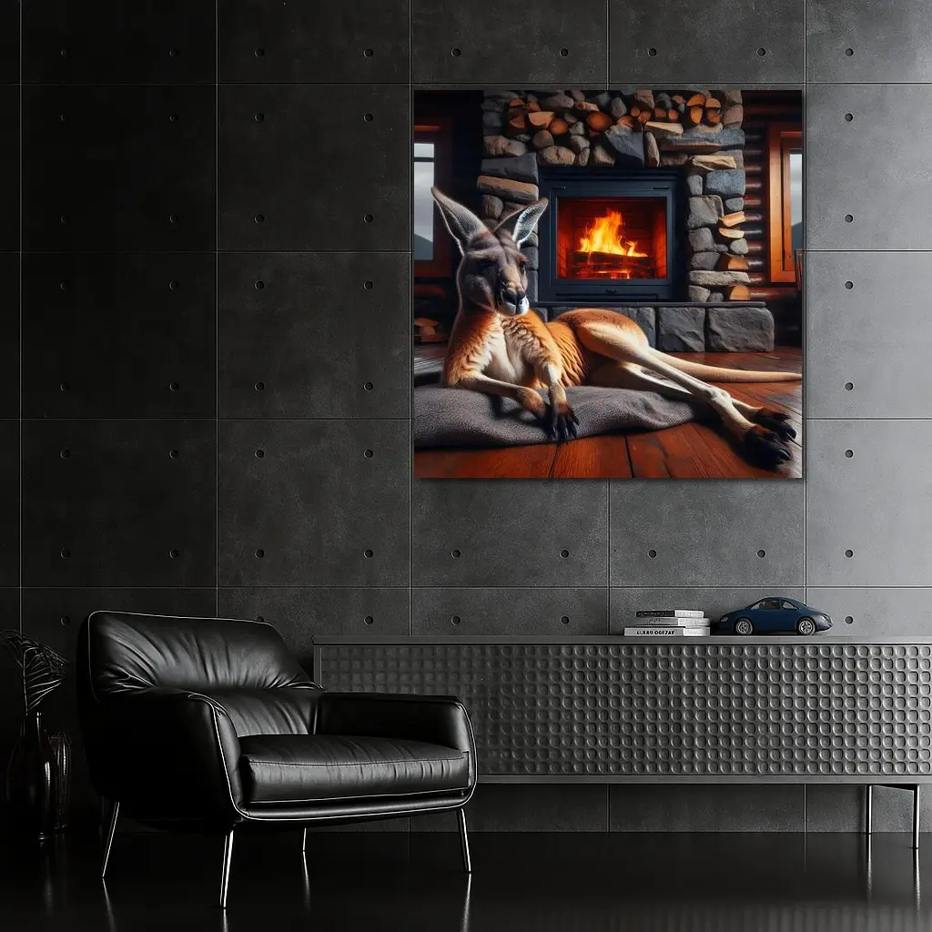Kangaroo Relaxing By Stone Fireplace Cabin – Wall Art