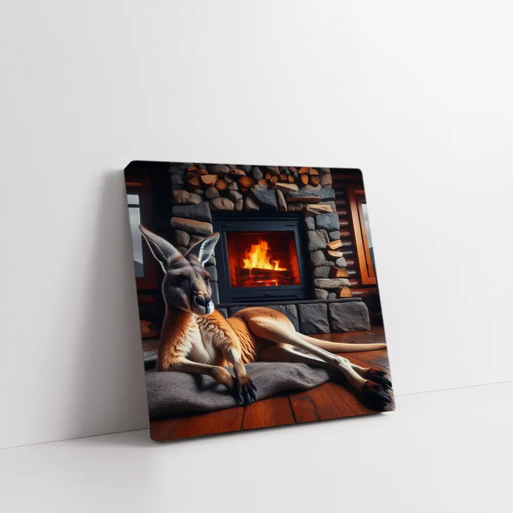 Kangaroo Relaxing By Stone Fireplace Cabin – Wall Art