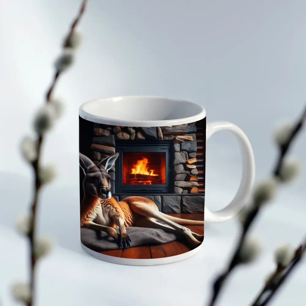 Kangaroo Relaxing By Stone Fireplace Cabin – Mugs