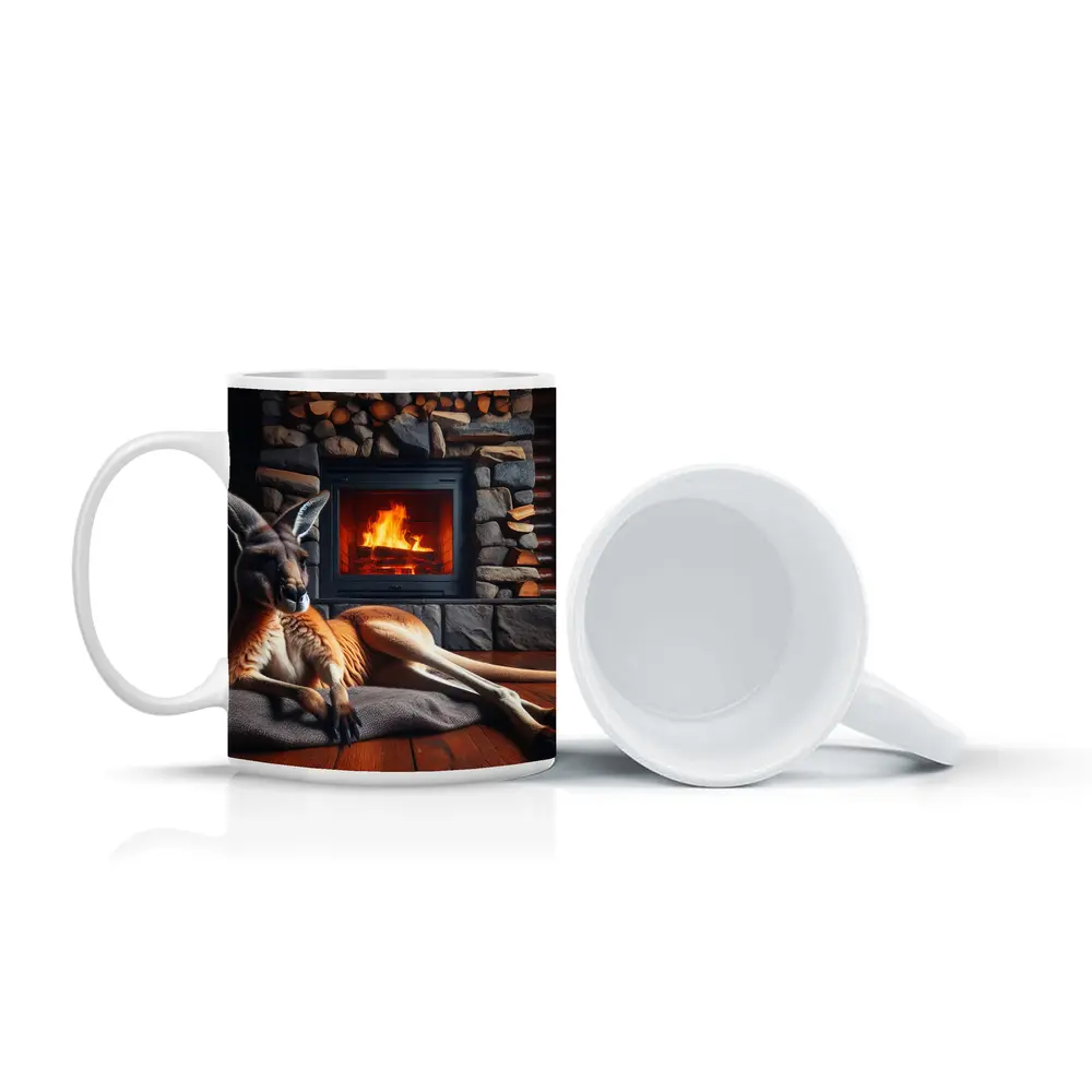 Kangaroo Relaxing By Stone Fireplace Cabin – Mugs