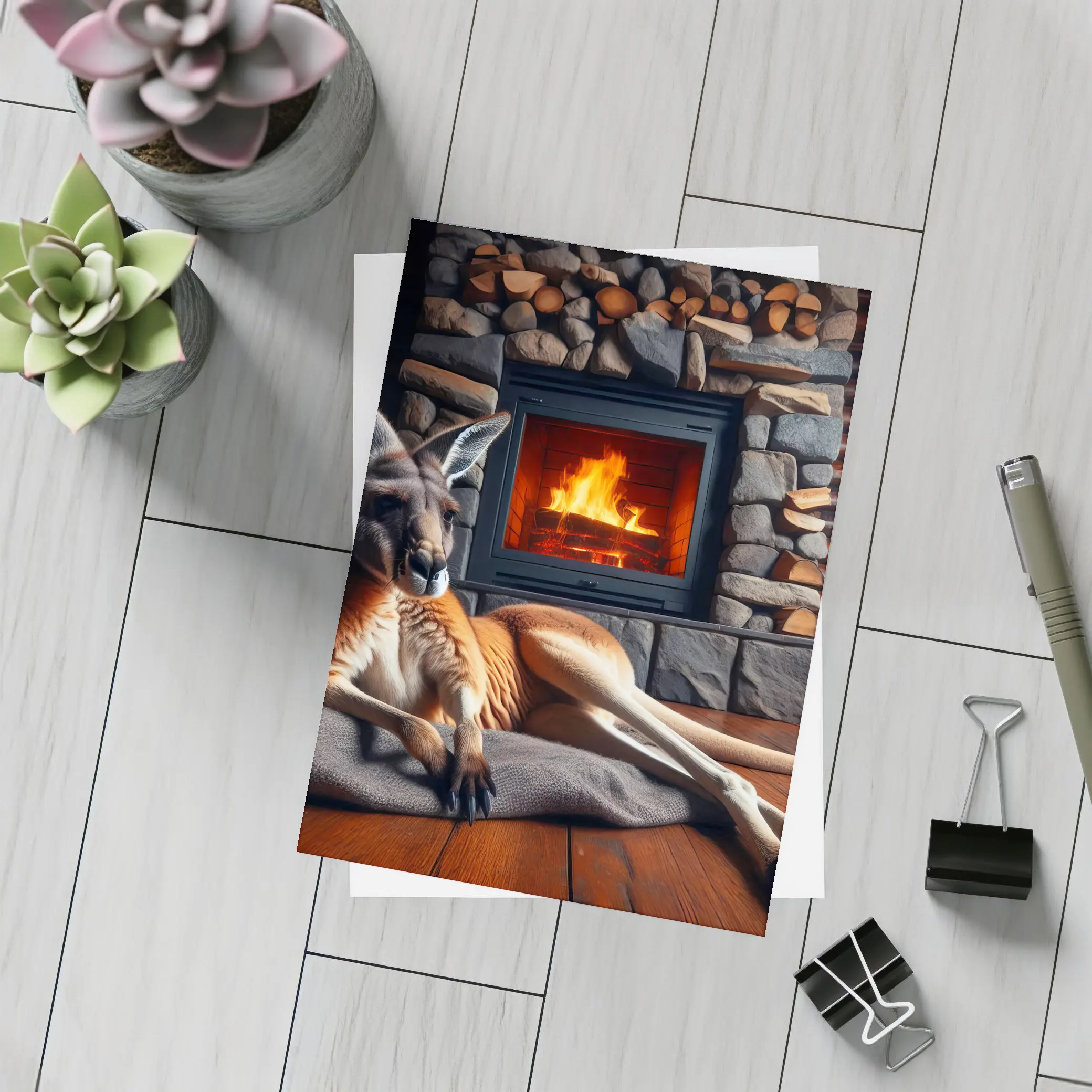 Kangaroo Relaxing By Stone Fireplace Cabin – Postcards