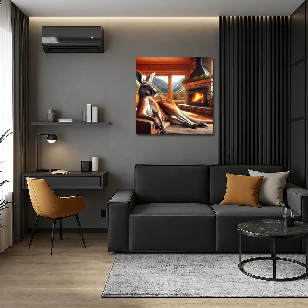Relaxed Kangaroo Lounging By Cozy Fireplace – Wall Art