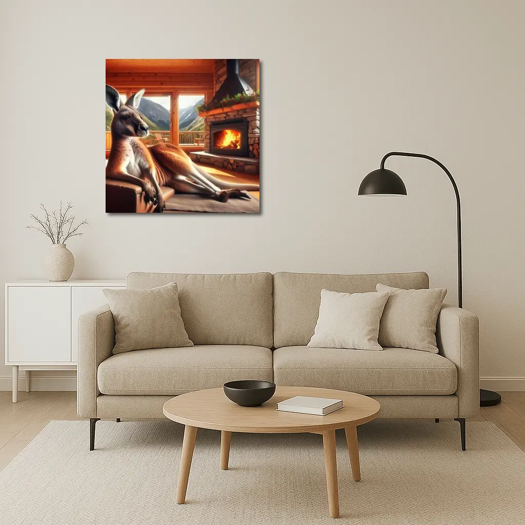 Relaxed Kangaroo Lounging By Cozy Fireplace – Wall Art