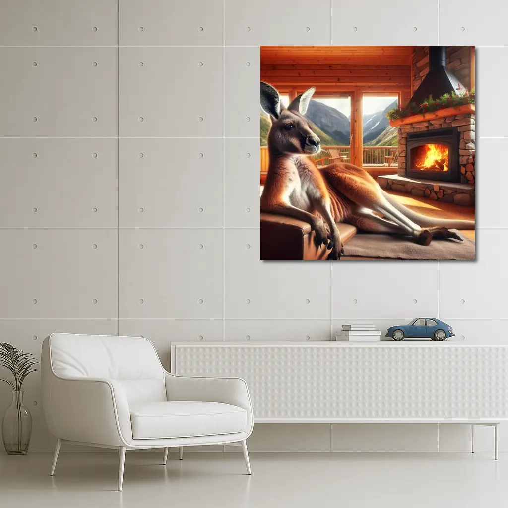 Relaxed Kangaroo Lounging By Cozy Fireplace – Wall Art