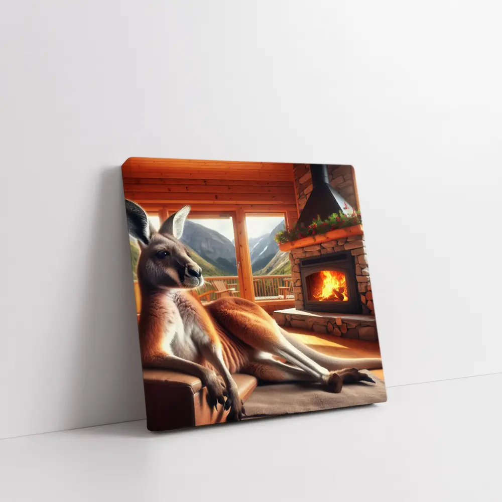 Relaxed Kangaroo Lounging By Cozy Fireplace – Wall Art