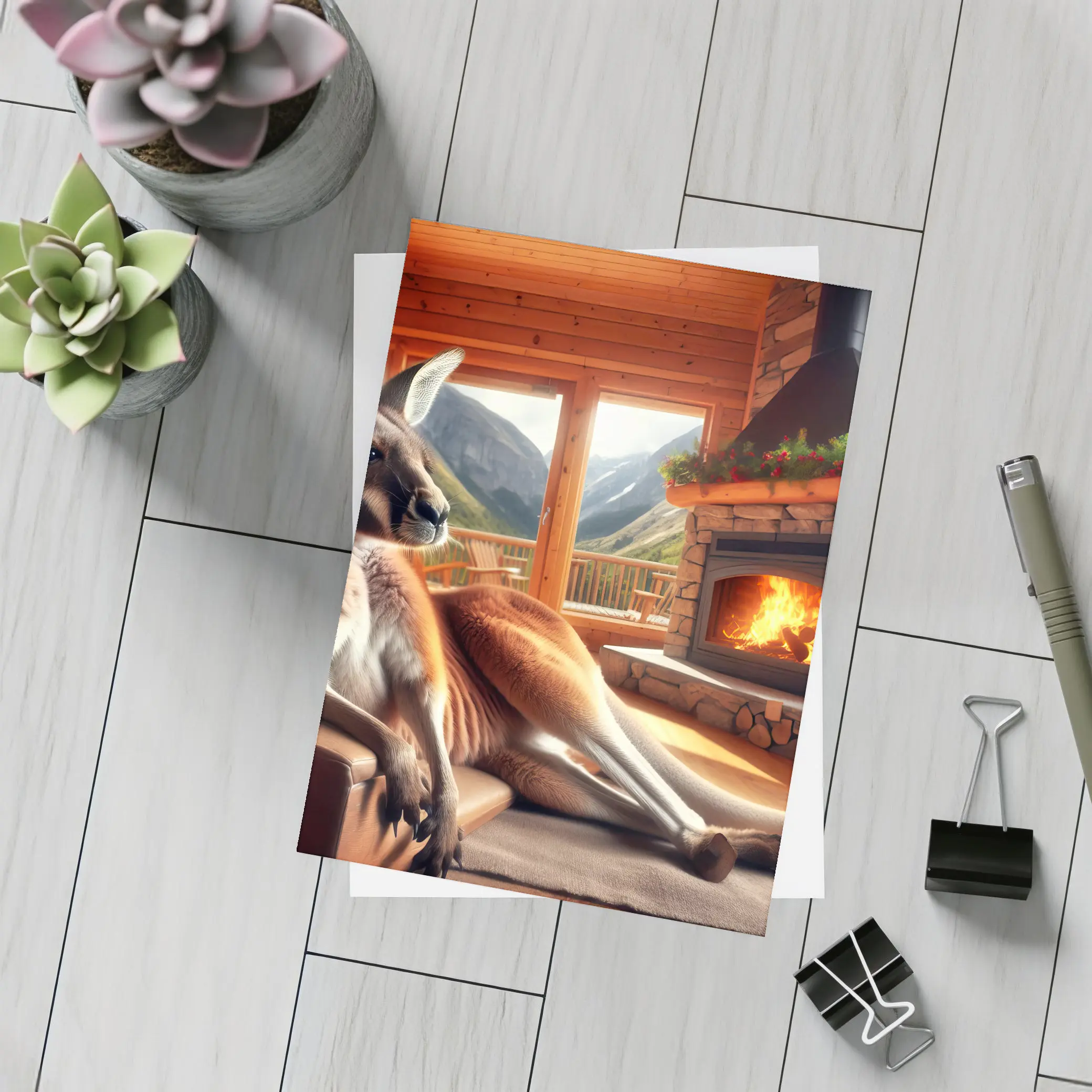 Relaxed Kangaroo Lounging By Cozy Fireplace – Postcards