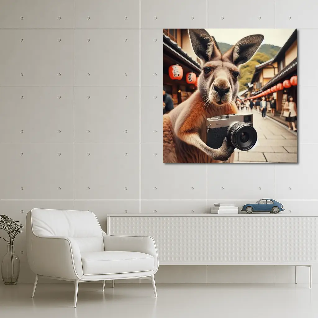 Kangaroo Tourist Selfie Japanese Street Scene – Wall Art